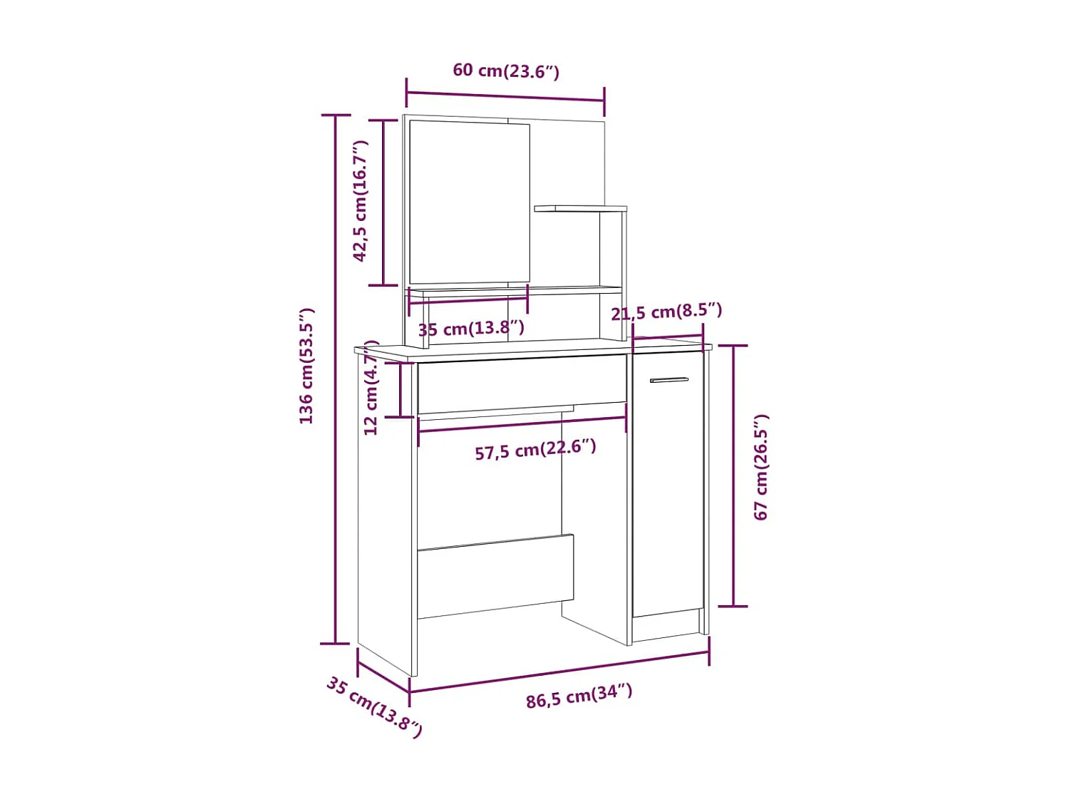 Tocador Sonoma gris 86,5x35x136 cm