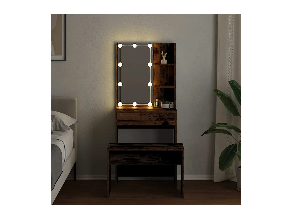 Ensemble de coiffeuse avec LED vieux bois bois d'ingénierie