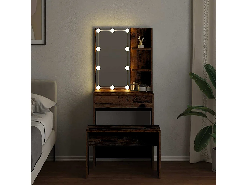 Ensemble de coiffeuse avec LED vieux bois bois d'ingénierie