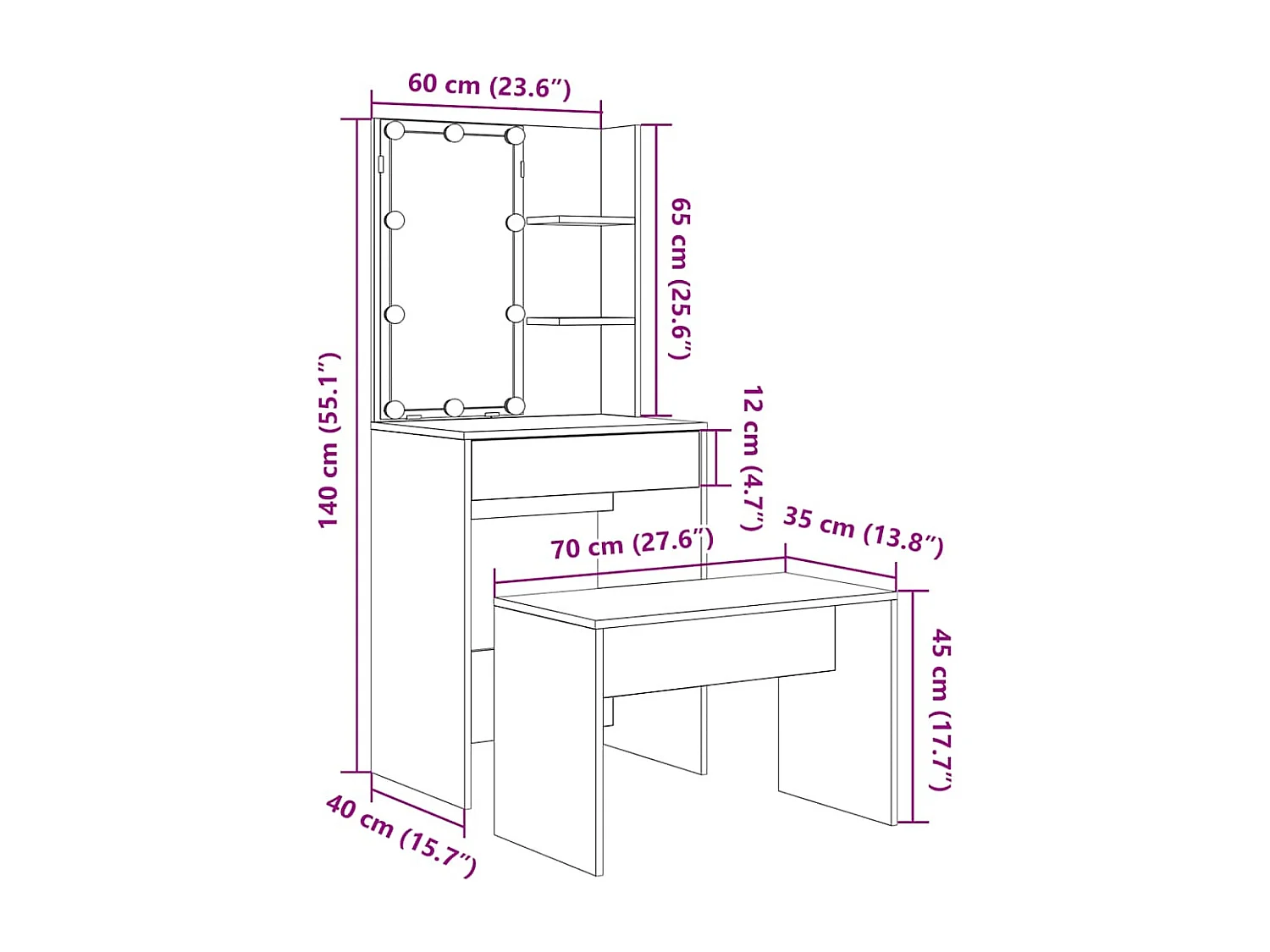 Ensemble de coiffeuse avec LED vieux bois bois d'ingénierie