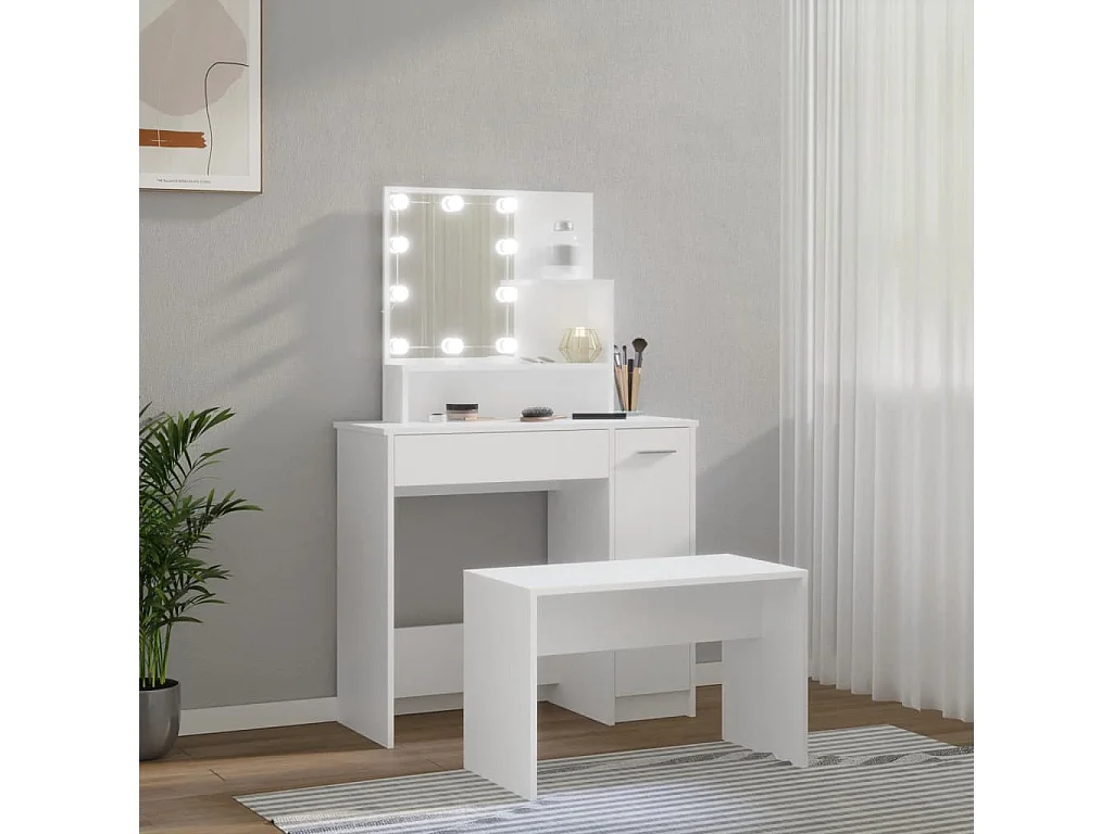 Tocador con luz LED de madera de ingeniería blanca