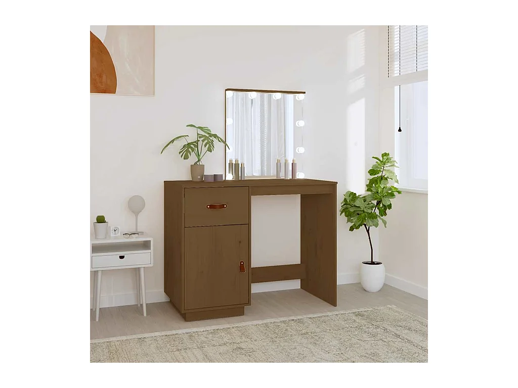 Tocador con LED Marrón miel 95x50x133,5cm Madera maciza de pino