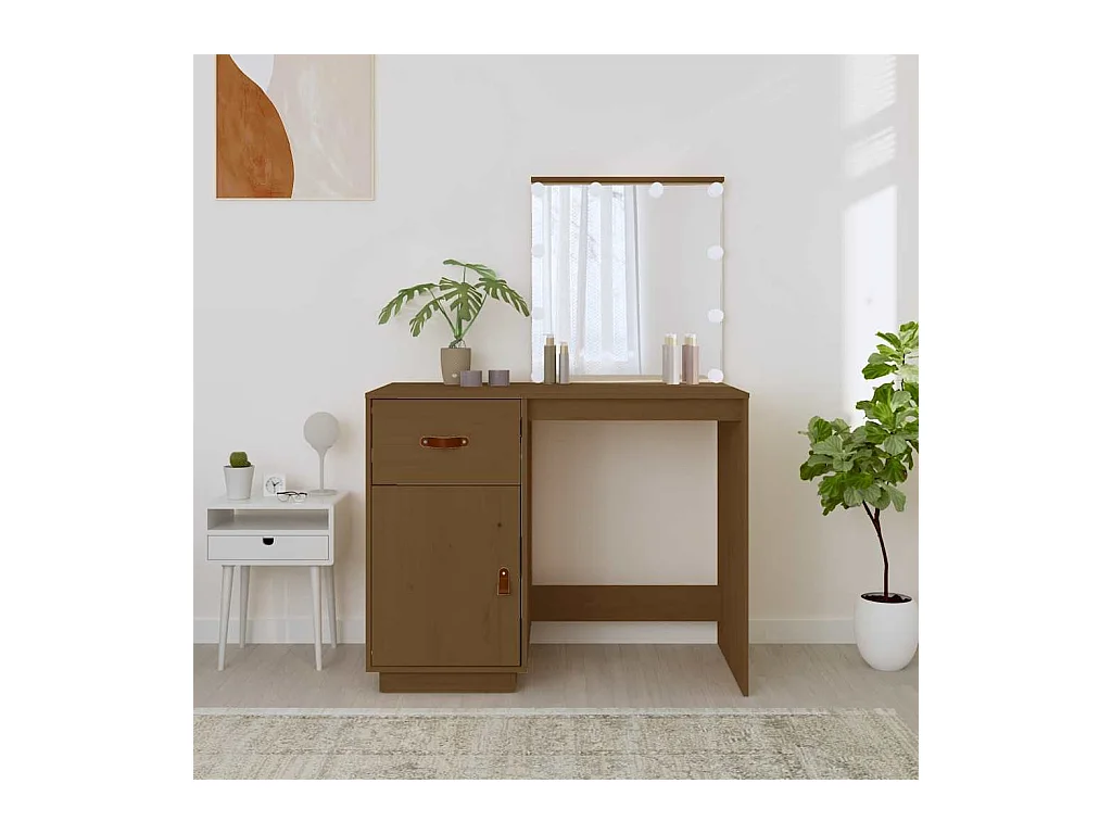 Tocador con LED Marrón miel 95x50x133,5cm Madera maciza de pino