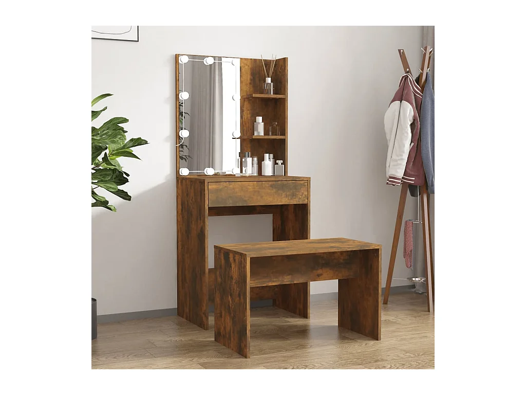 Conjunto de tocador con LED Madera de ingeniería de roble ahumado