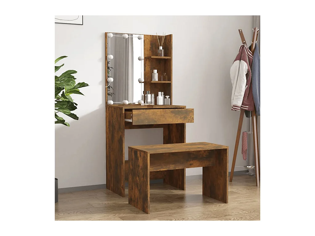 Conjunto de tocador con LED Madera de ingeniería de roble ahumado