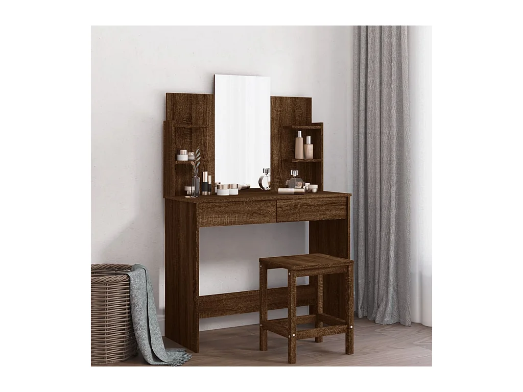 Tocador con espejo, roble marrón, 96x39x142 cm