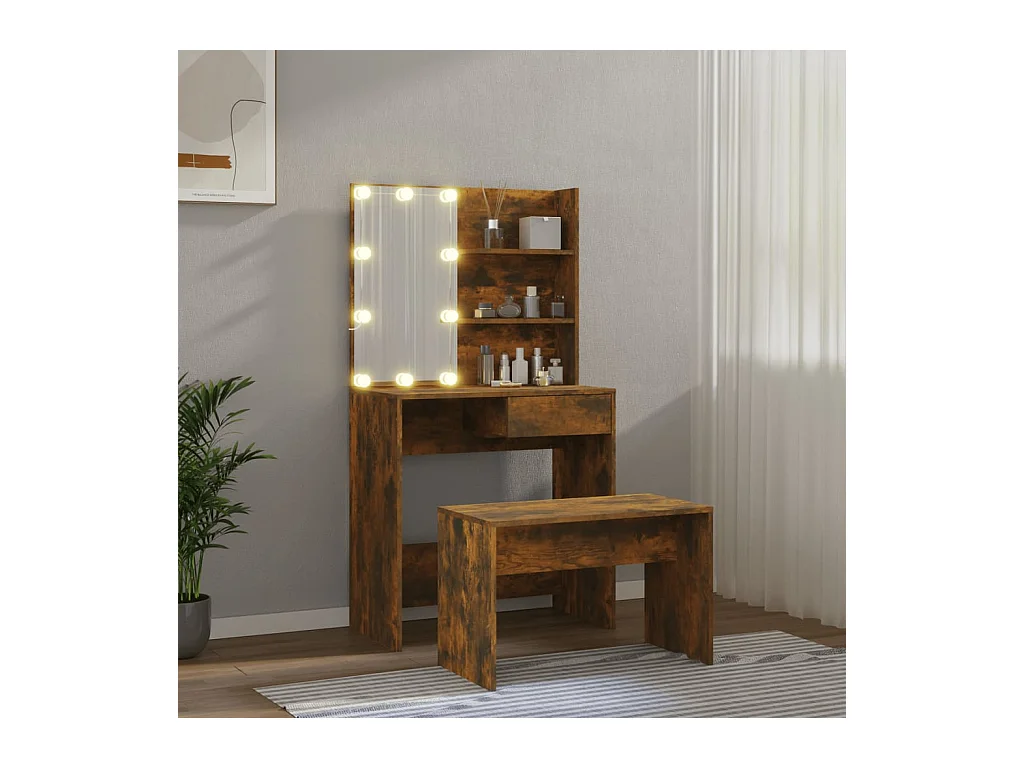 Conjunto de tocador con LED Madera de ingeniería de roble ahumado