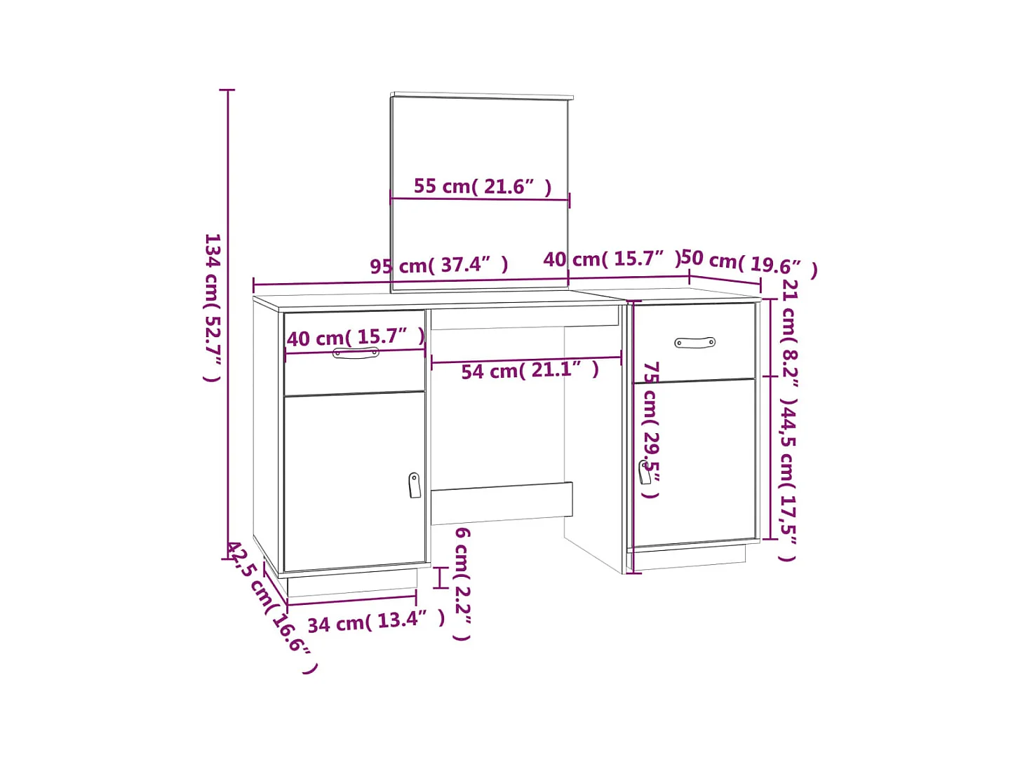 Witte kaptafelset met spiegel van massief grenenhout