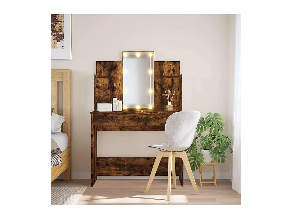 Tocador con luces LED roble ahumado 96x40x142 cm