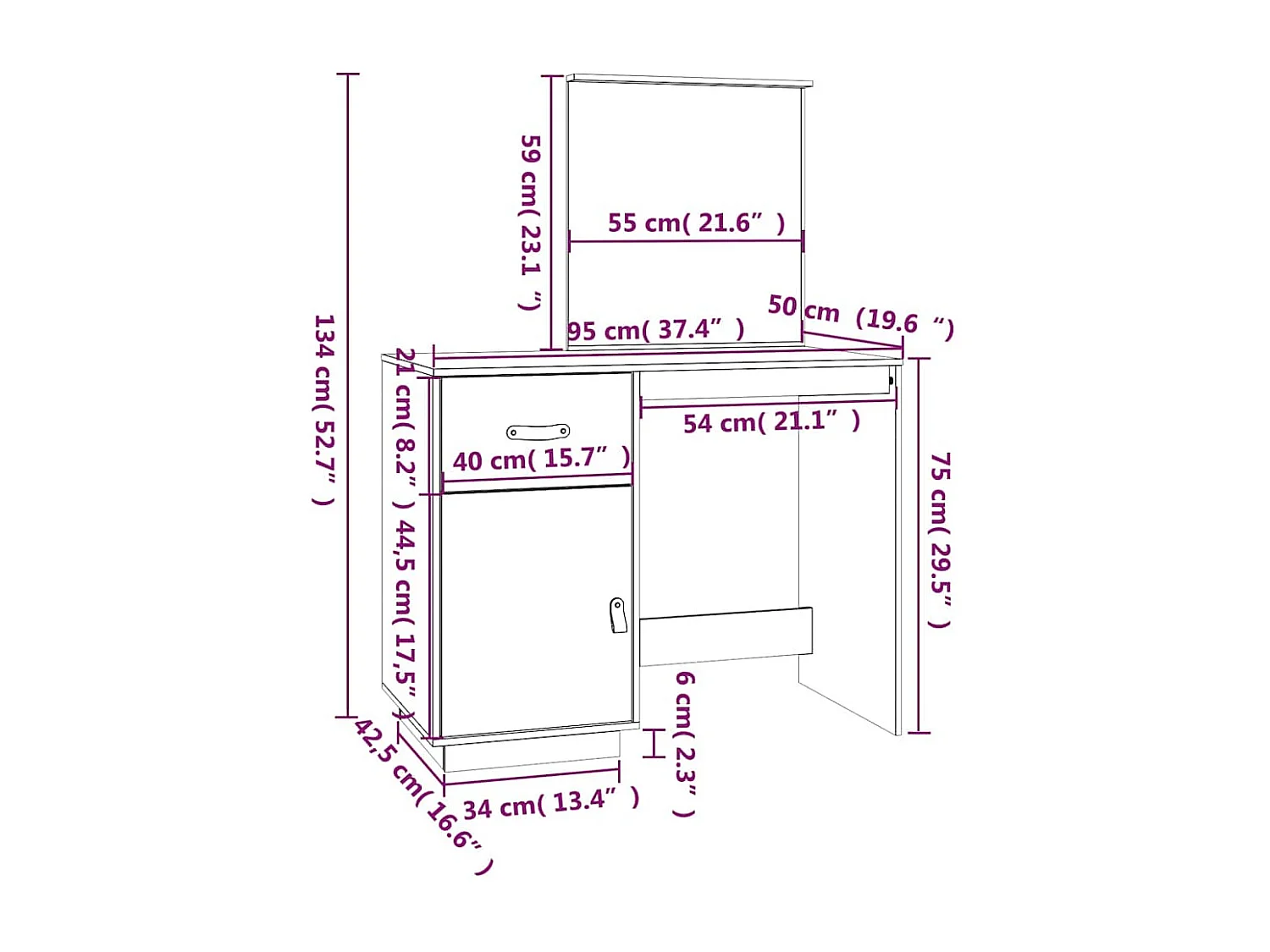 Witte kaptafel 95x50x134 cm massief grenenhout
