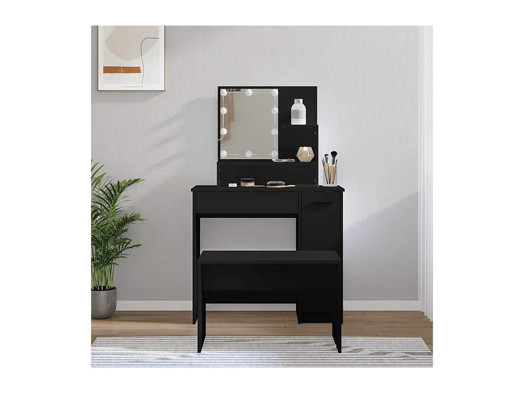 Juego de tocador con LED de madera de ingeniería negra
