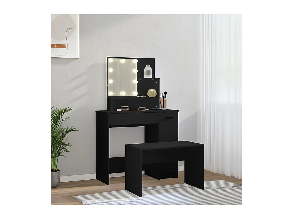 Juego de tocador con LED de madera de ingeniería negra