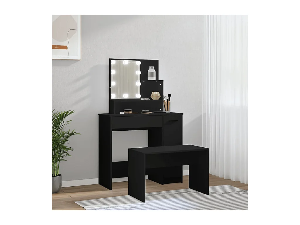 Juego de tocador con LED de madera de ingeniería negra