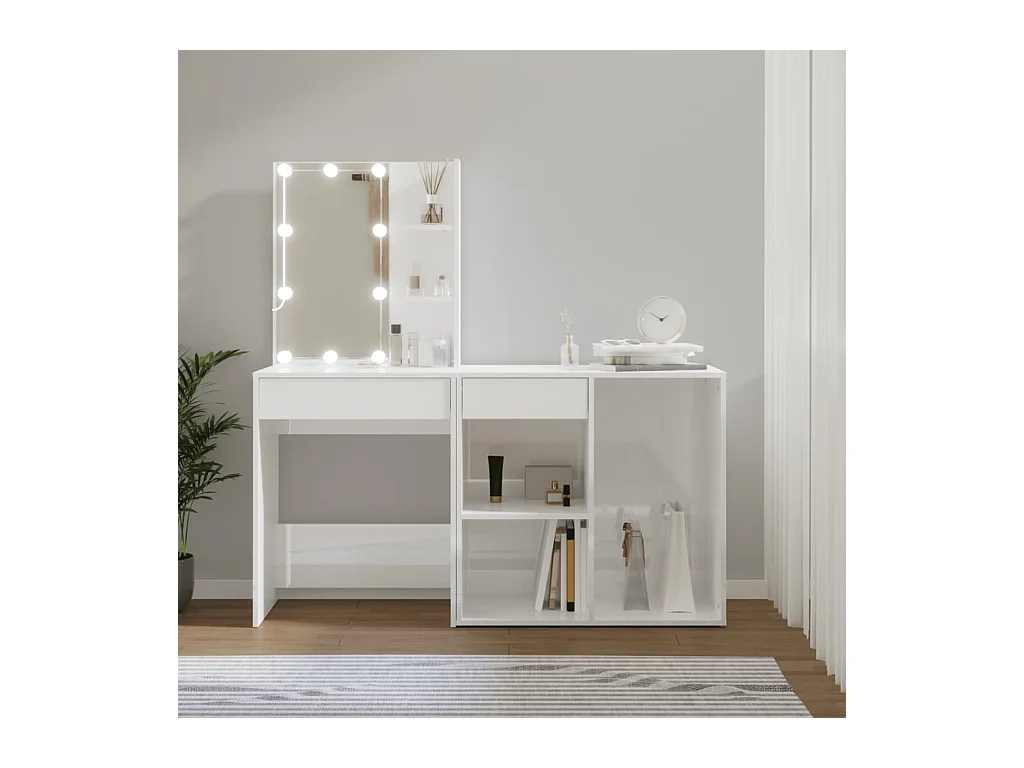 LED-kaptafel met kast, glanzend wit bewerkt hout