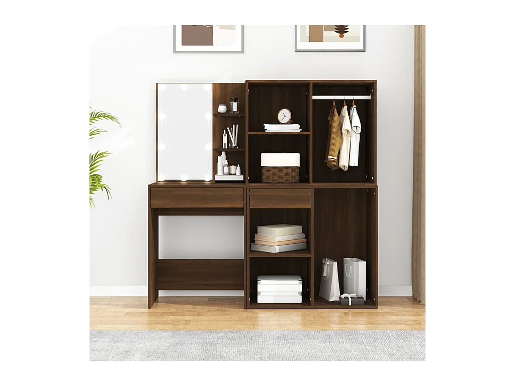 Coiffeuse à LED avec armoires Chêne marron Bois d'ingénierie