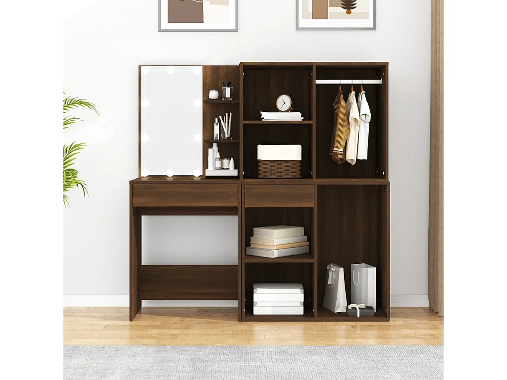 Coiffeuse à LED avec armoires Chêne marron Bois d'ingénierie