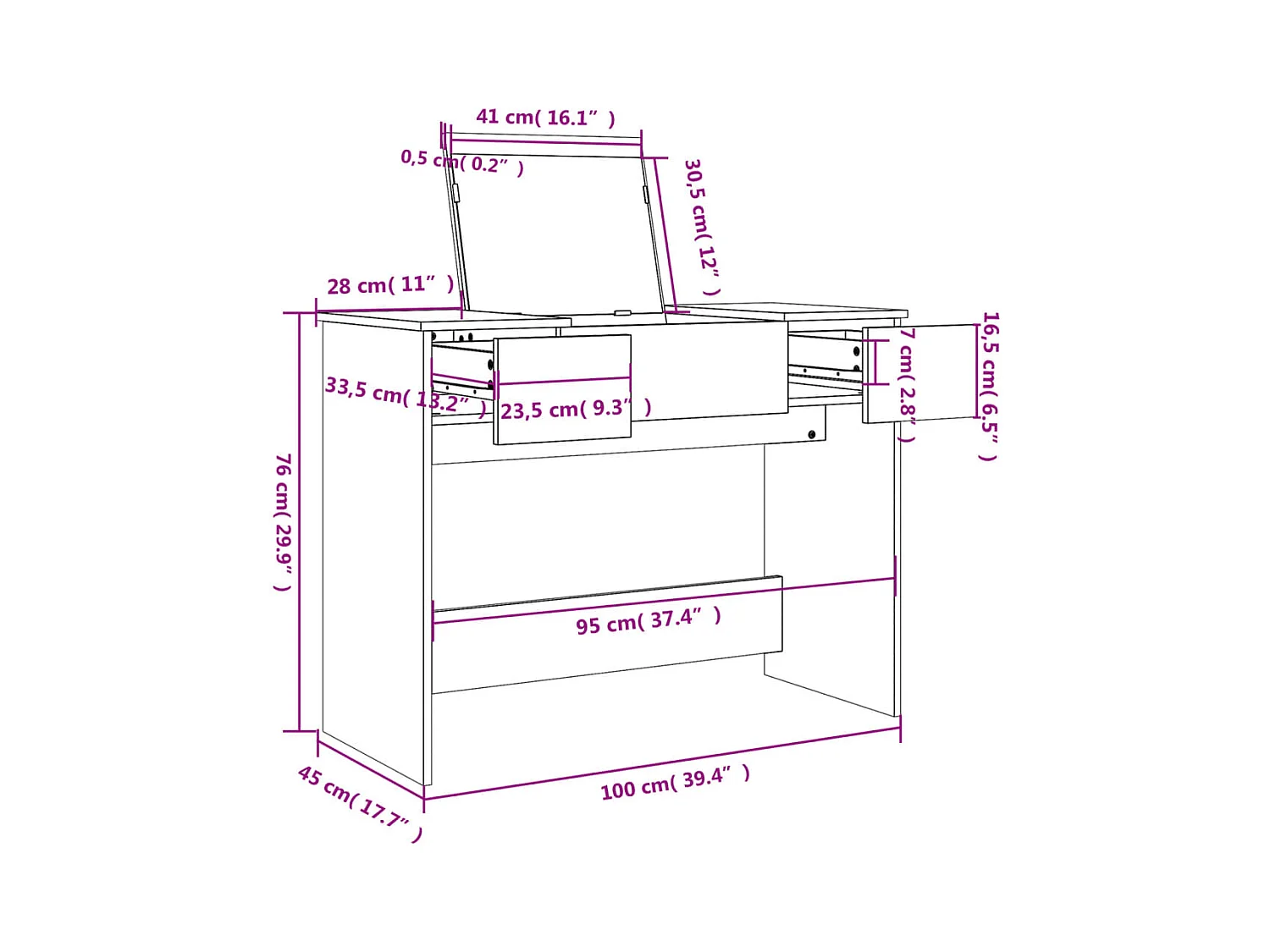 Coiffeuse avec miroir chêne marron 100x45x76 cm