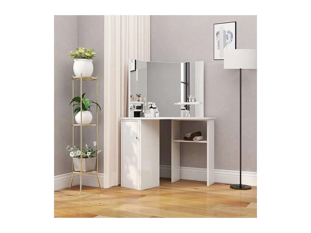 Tavolo da toeletta angolare Tavolo da trucco cosmetico bianco