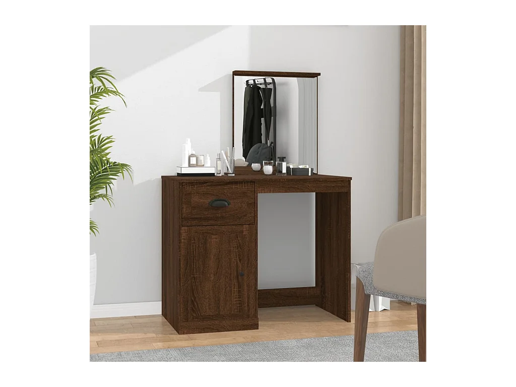 Tocador y espejo roble marrón 90x50x132,5 cm madera de ingeniería
