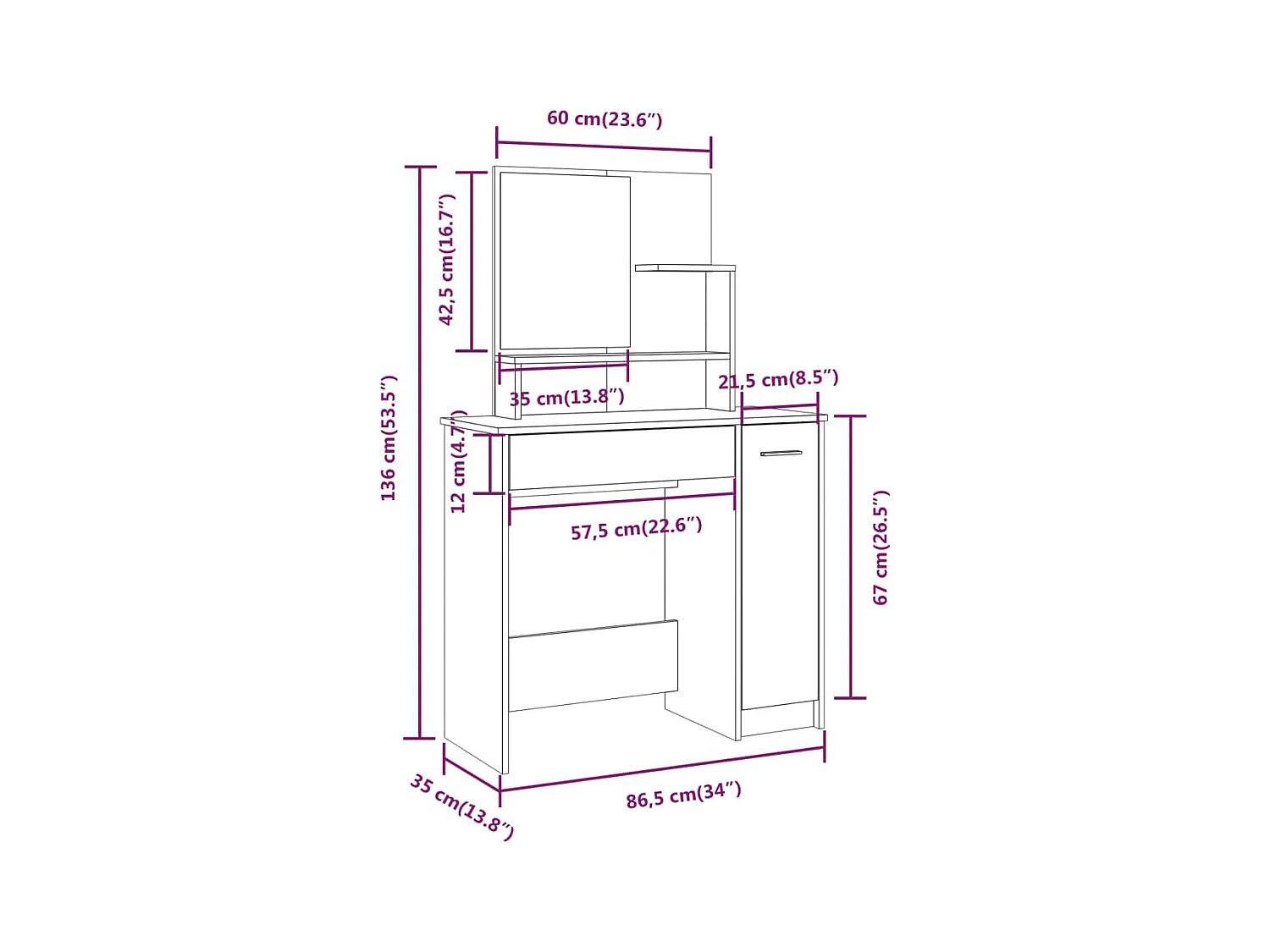 Kaptafel met spiegel Gerookt eikenhout 86,5x35x136 cm