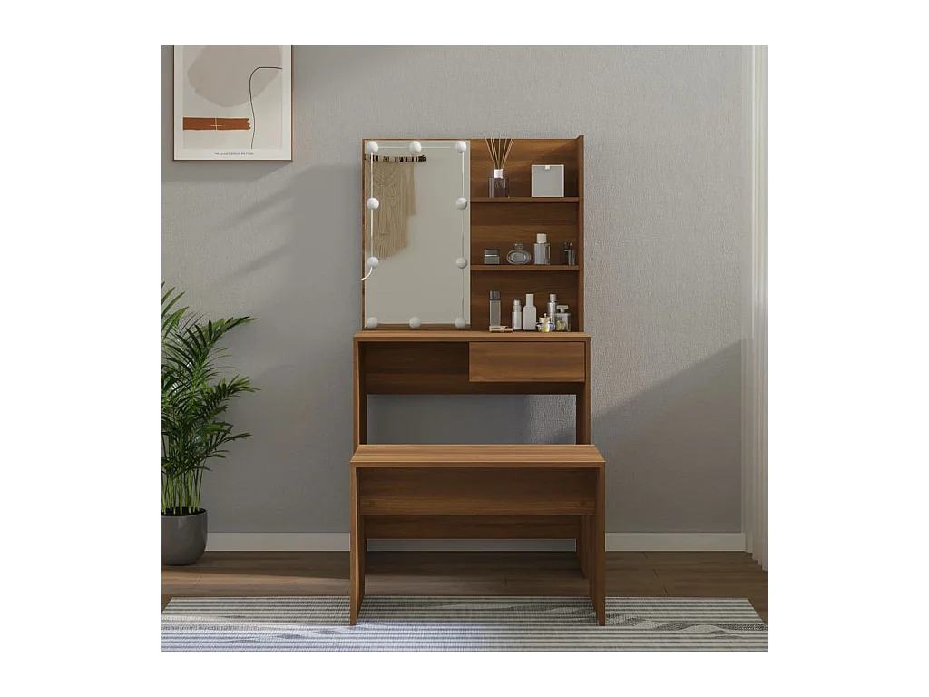 Juego de tocador con LED de madera de ingeniería de roble marrón