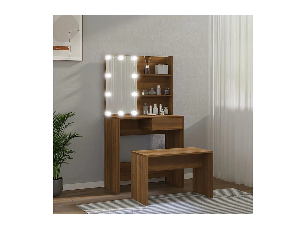 Juego de tocador con LED de madera de ingeniería de roble marrón