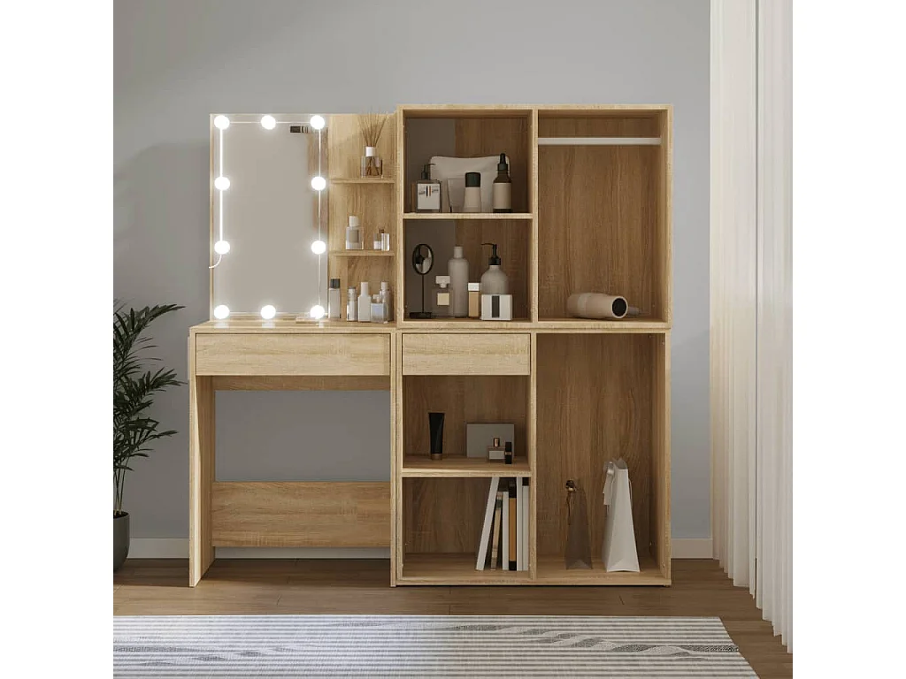 Mobiletto LED con 2 mobili in legno ingegnerizzato Sonoma Oak