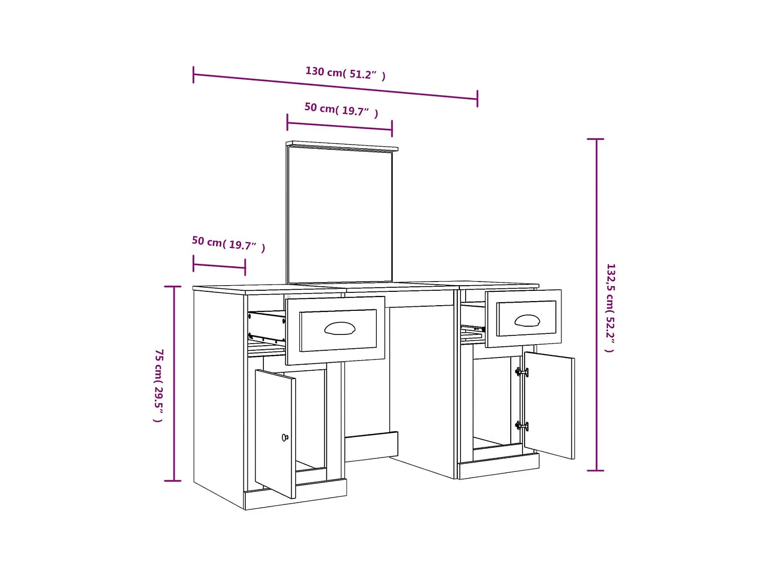 Toletta con specchio bianco 130x50x132,5 cm