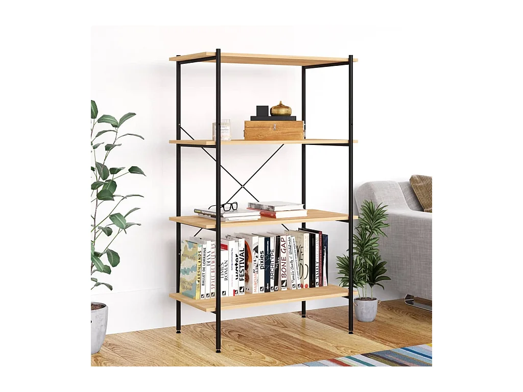 Étagère à 4 niveaux noir et chêne 80x40x130 cm