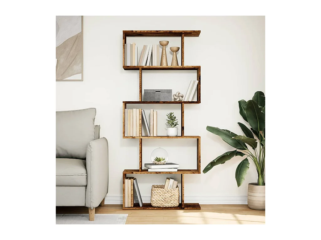 Étagère séparatrice de pièce à 5 niveaux vieux bois 70x24x161cm