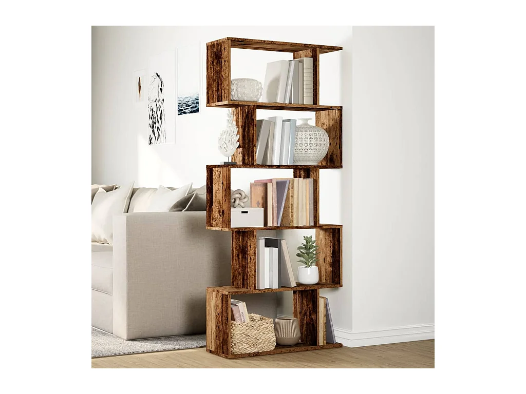 Étagère séparatrice de pièce à 5 niveaux vieux bois 70x24x161cm