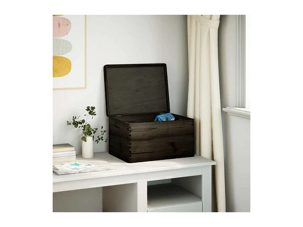 Boîte en bois avec couvercle et poignées noir bois pin massif