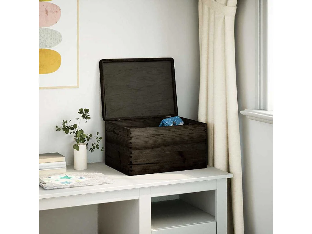 Boîte en bois avec couvercle et poignées noir bois pin massif