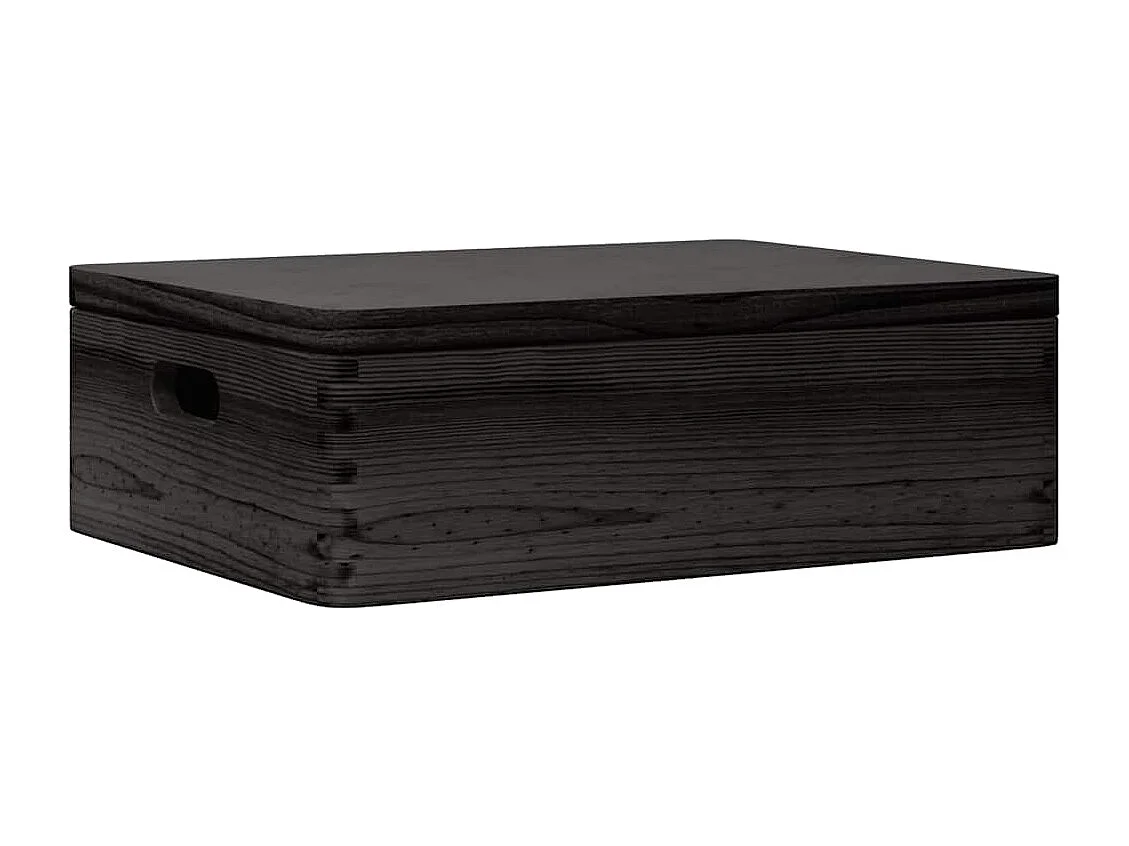Holzkiste mit Deckel und Griffen aus schwarzem massivem Kiefernholz