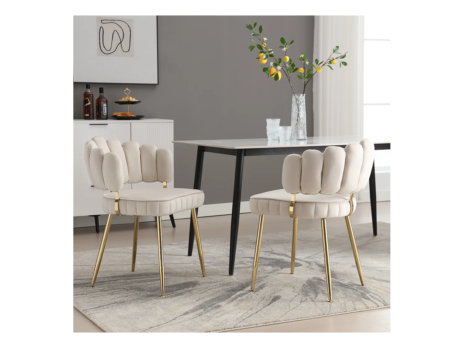 Lot de 2 chaises moderne - 58 x 56 x 78 cm - avec dossier fleuri + accoudoirs arrondis - velours - ivoire