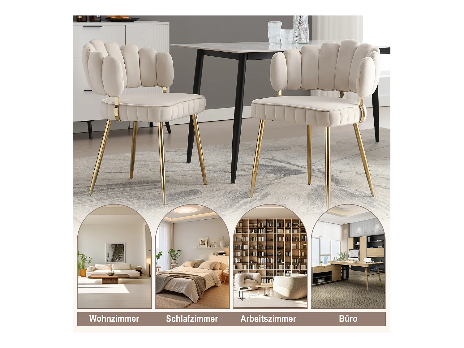 Lot de 2 chaises moderne - 58 x 56 x 78 cm - avec dossier fleuri + accoudoirs arrondis - velours - ivoire