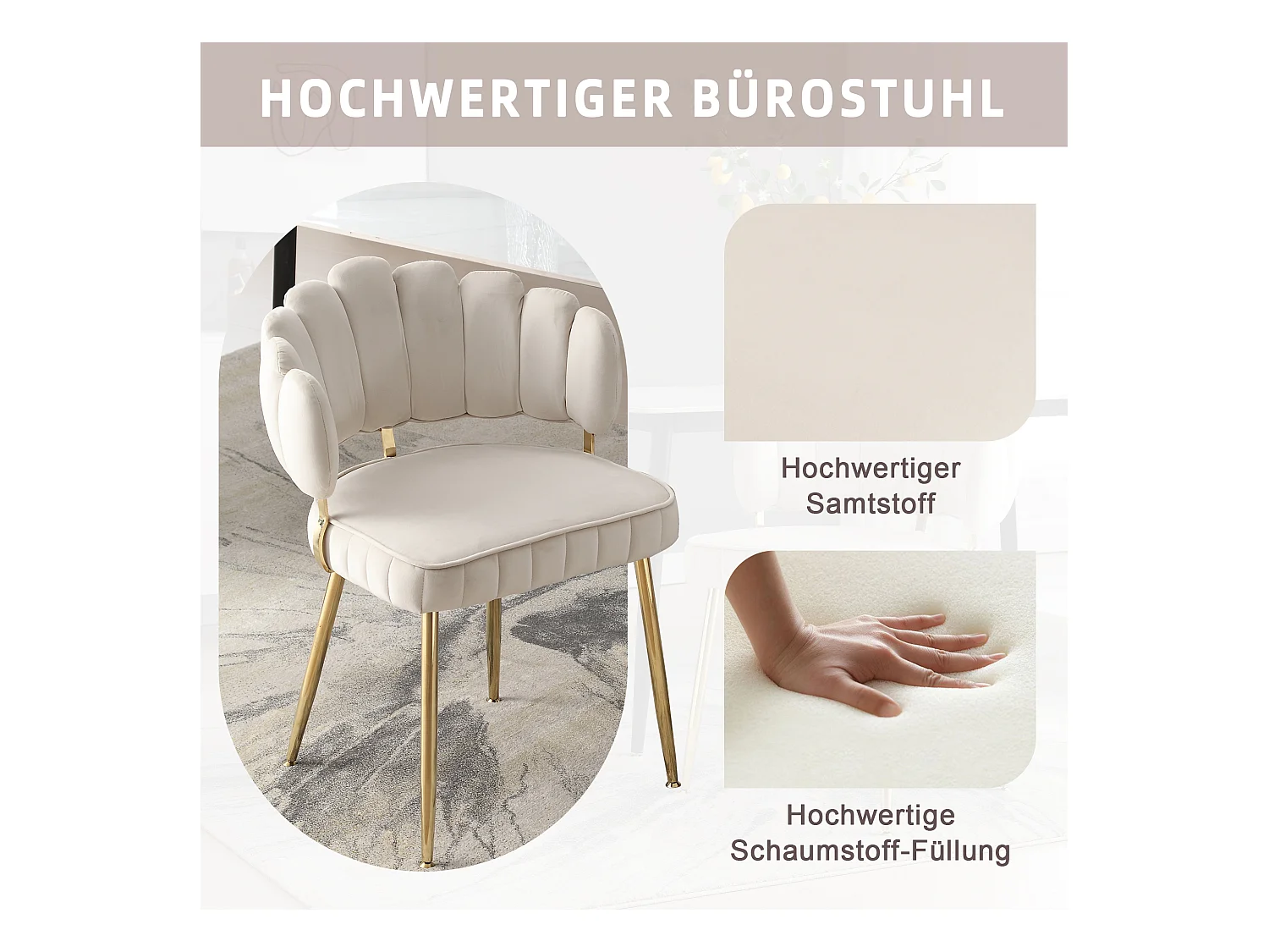 Lot de 2 chaises moderne - 58 x 56 x 78 cm - avec dossier fleuri + accoudoirs arrondis - velours - ivoire