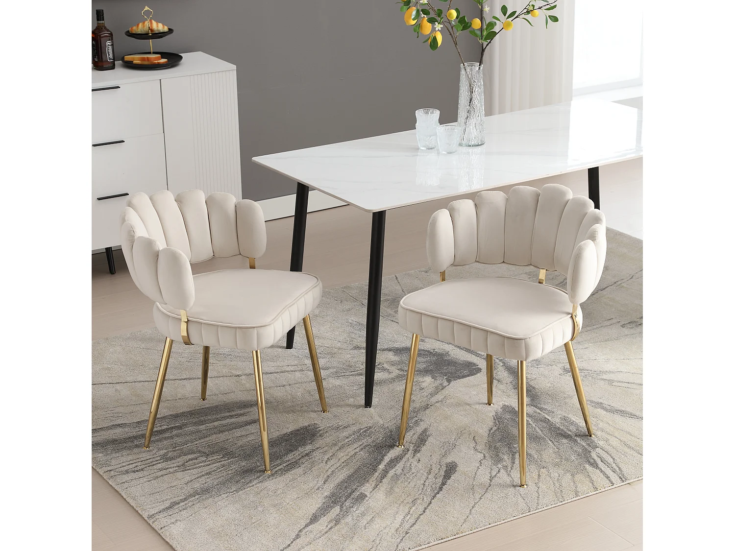 Set van 2 moderne stoelen - 58 x 56 x 78 cm - met bloemenrugleuning + ronde armleuningen - fluweel - ivoor