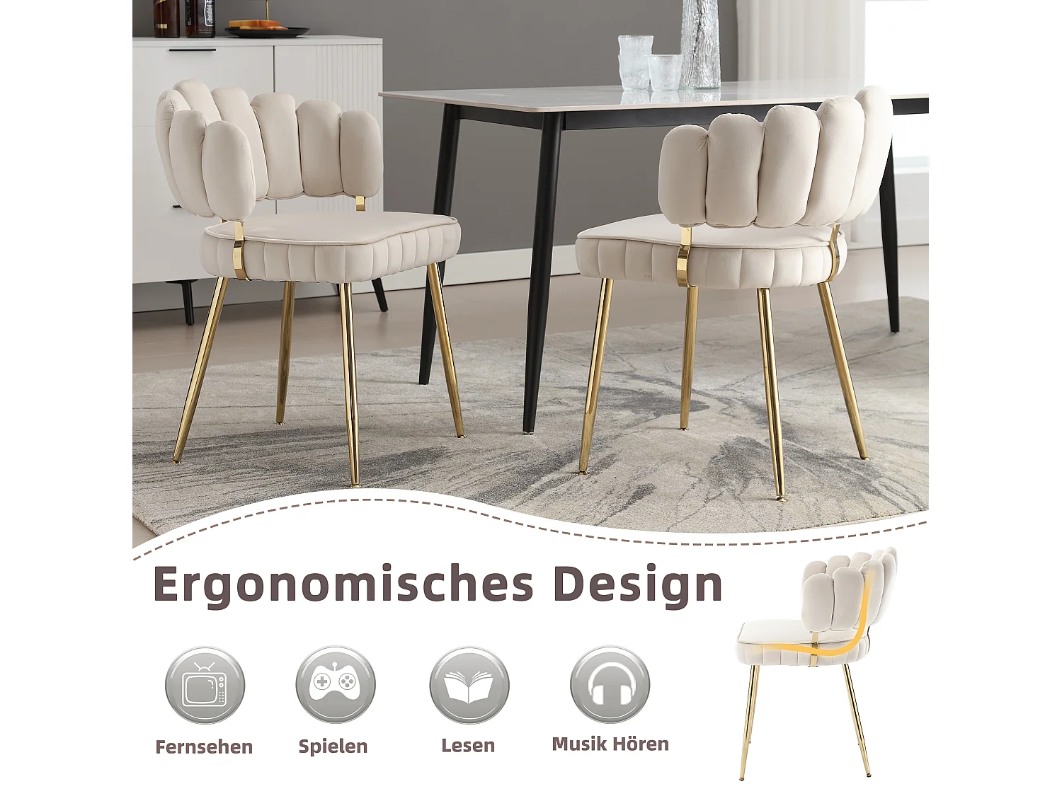 Set van 2 moderne stoelen - 58 x 56 x 78 cm - met bloemenrugleuning + ronde armleuningen - fluweel - ivoor