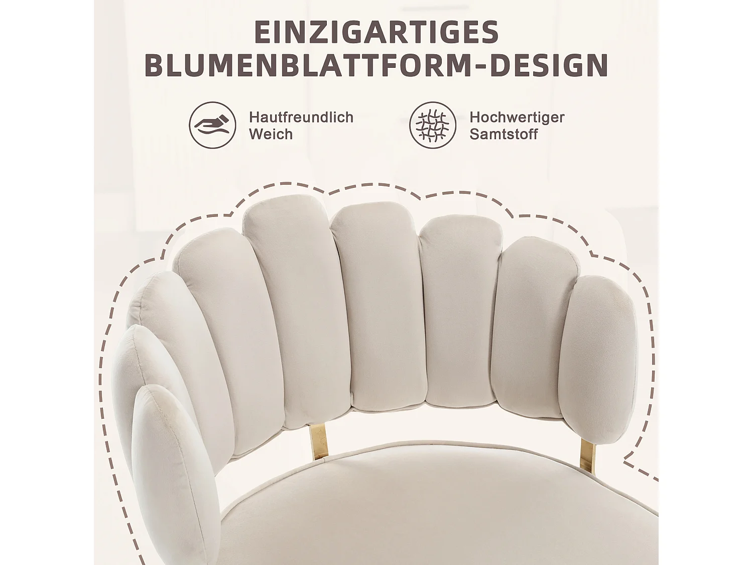 Set van 2 moderne stoelen - 58 x 56 x 78 cm - met bloemenrugleuning + ronde armleuningen - fluweel - ivoor
