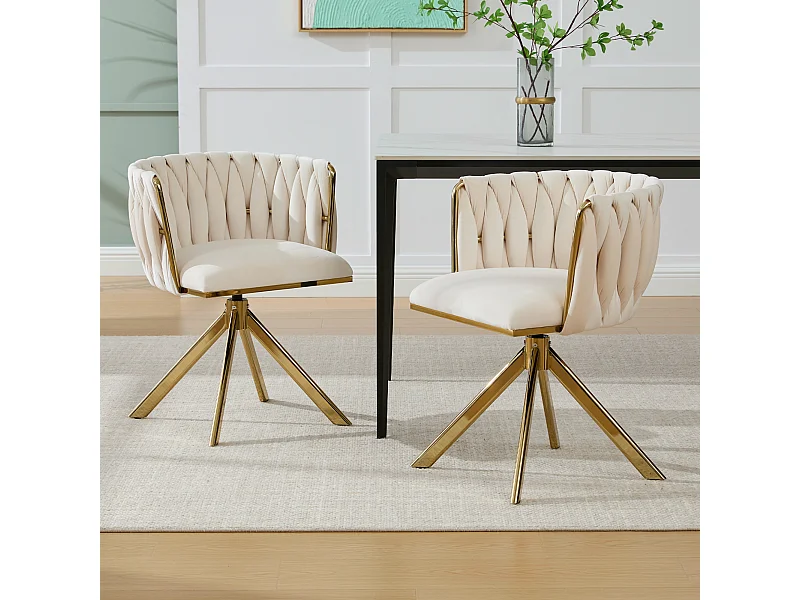 Lot de 2 chaises avec structure en métal - 56 x 50 x 70 cm - rotation à 180°- pieds dorés - velours - ivoire