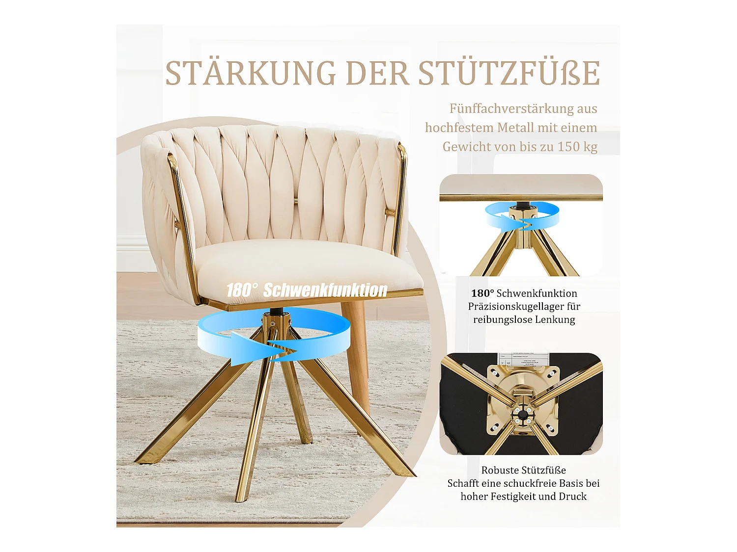 Lot de 2 chaises avec structure en métal - 56 x 50 x 70 cm - rotation à 180°- pieds dorés - velours - ivoire