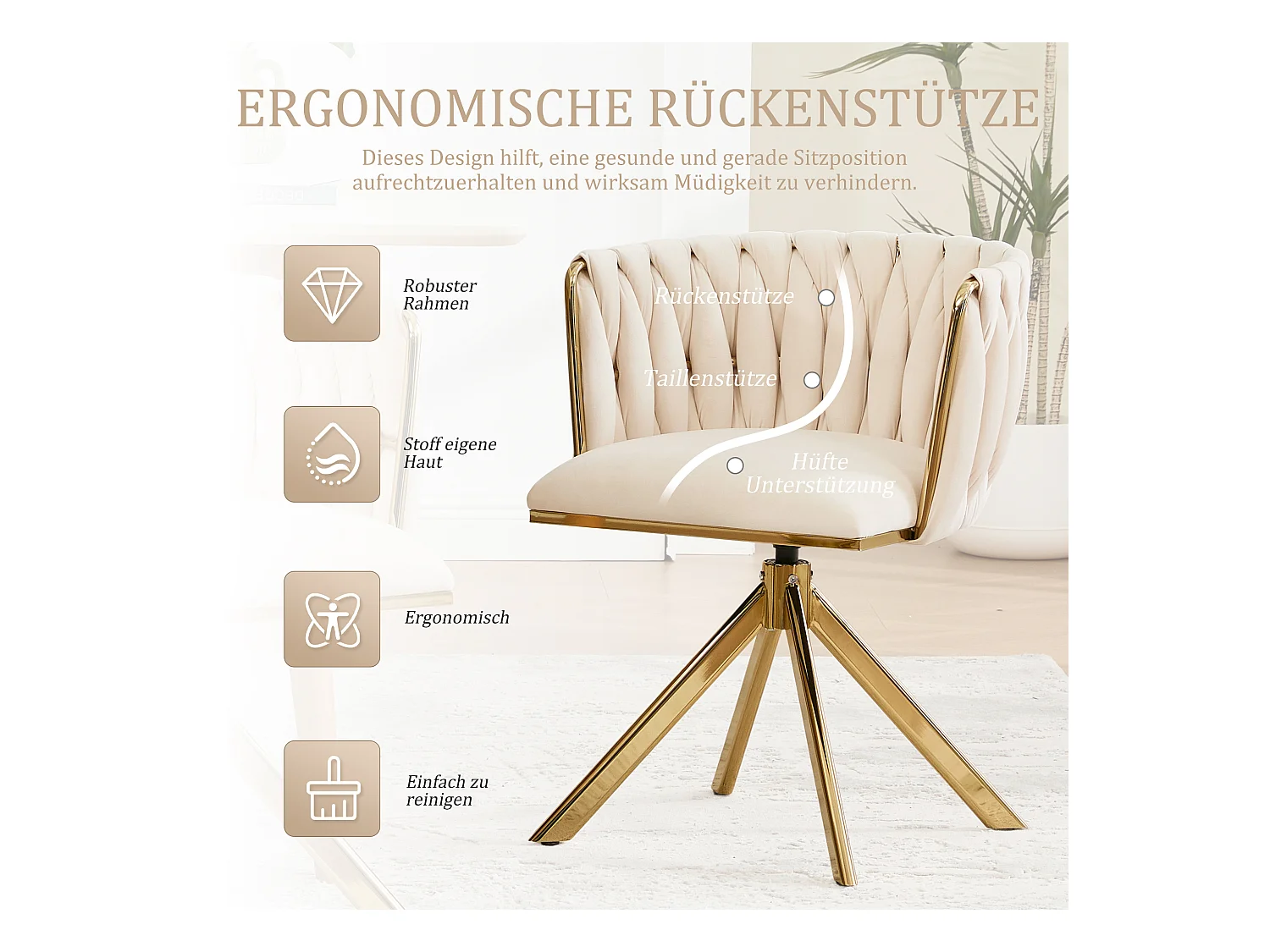 Lot de 2 chaises avec structure en métal - 56 x 50 x 70 cm - rotation à 180°- pieds dorés - velours - ivoire