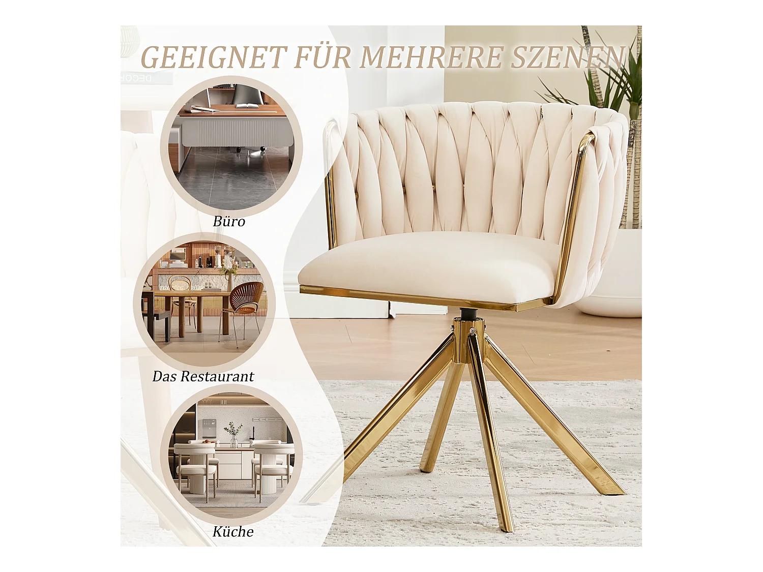 Lot de 2 chaises avec structure en métal - 56 x 50 x 70 cm - rotation à 180°- pieds dorés - velours - ivoire