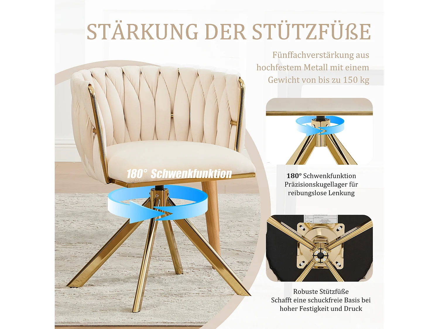 Lot de 2 chaises avec structure en métal - 56 x 50 x 70 cm - rotation à 180°- pieds dorés - velours - ivoire