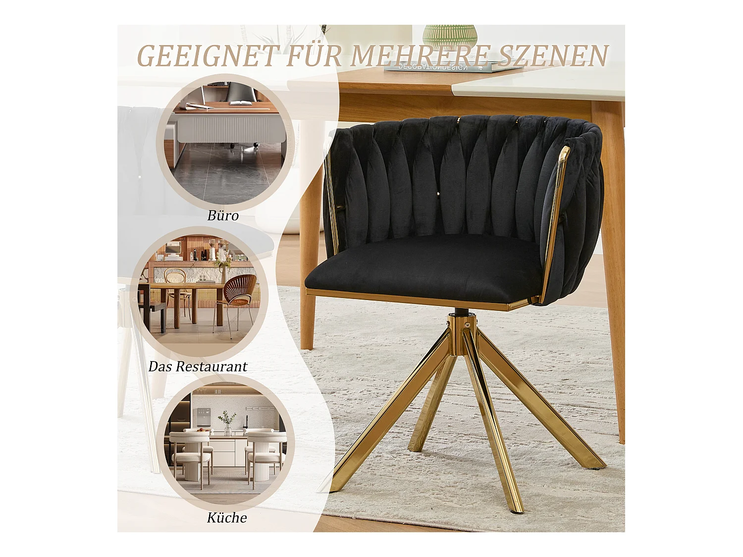 Lot de 2 chaises avec structure en métal - 56 x 50 x 70 cm - rotation à 180°- pieds dorés - velours - noir