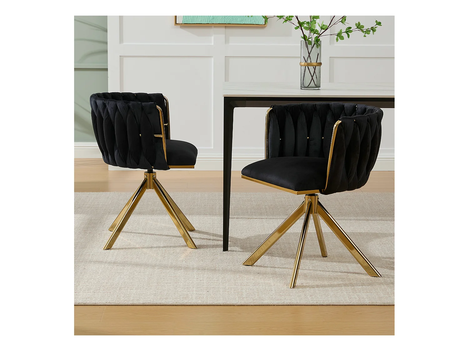 Lot de 2 chaises avec structure en métal - 56 x 50 x 70 cm - rotation à 180°- pieds dorés - velours - noir