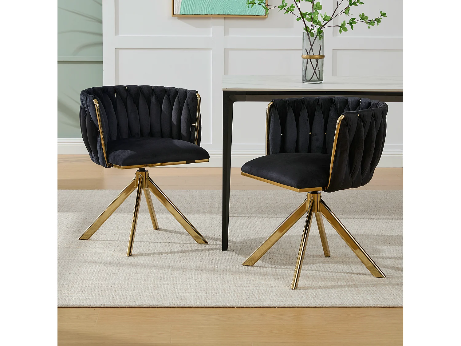 Set di 2 sedie con struttura in metallo - 56 x 50 x 70 cm - rotazione 180° - gambe dorate - velluto - nero