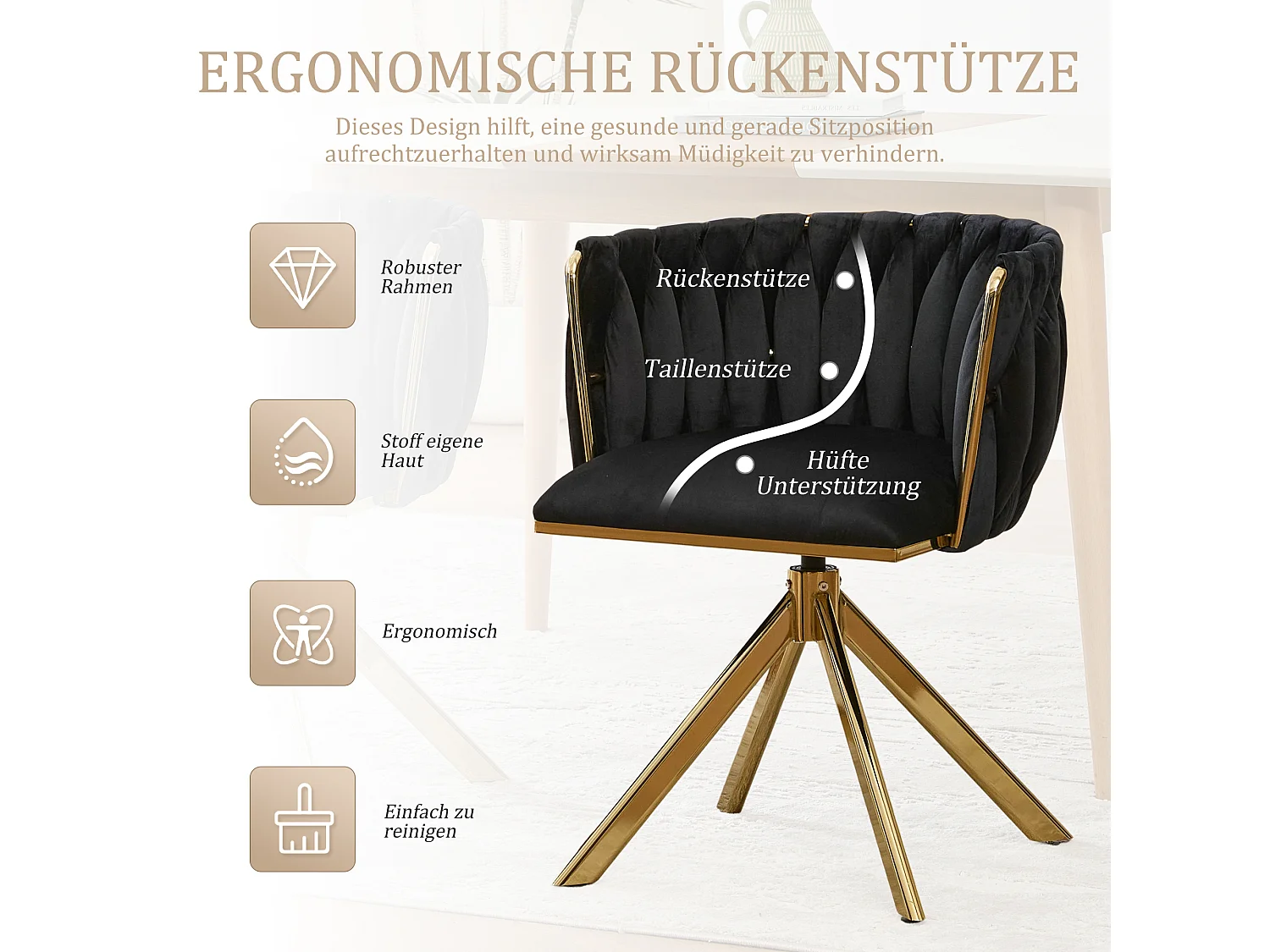 Set di 2 sedie con struttura in metallo - 56 x 50 x 70 cm - rotazione 180° - gambe dorate - velluto - nero