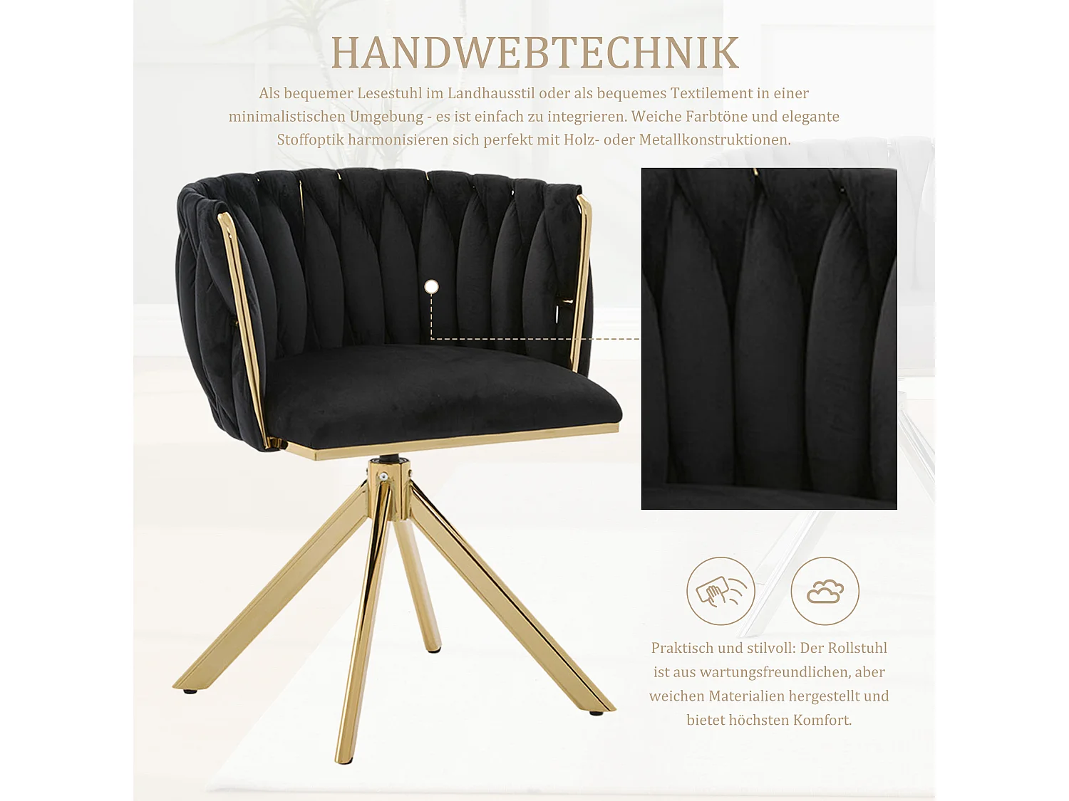 Set di 2 sedie con struttura in metallo - 56 x 50 x 70 cm - rotazione 180° - gambe dorate - velluto - nero